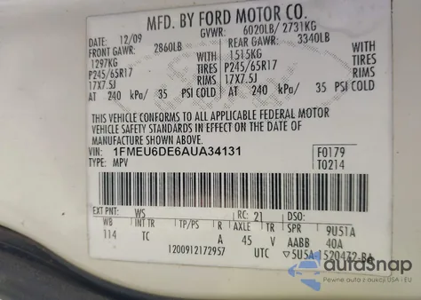 2010 Ford Explorer Xlt from USA, damaged, VIN 1FMEU6DE6AUA34131